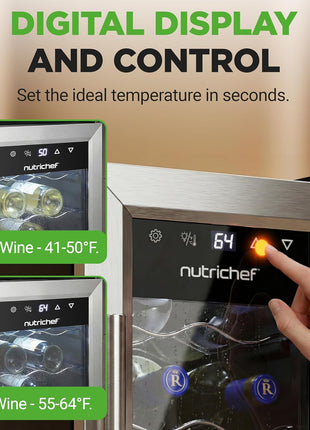 Nutrichef 12 Bottle Stainless Steel Slim Wine Fridge | Red & White Wine Chiller | Adjustable Temperature Control, Ultra Quiet Operation & Energy Efficient | Mini Wine Cooler Refrigerator | 31x10x17 IN