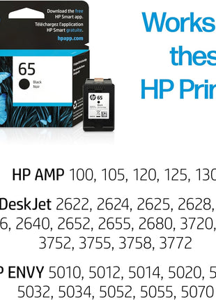 HP 65 Black Ink Cartridge for HP Printers | Works with Printer Series: AMP 100, DeskJet 2600, 3700; ENVY 5000 | Eligible for Instant Ink | N9K02AN