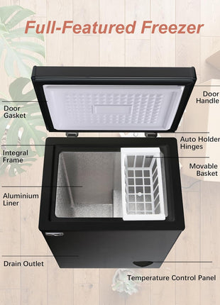 Deep Chest Freezer 3.5 Cu.Ft Mini Freezer Black for Apartment Kitchen | Free-Standing Top Door, 7 Level Adjustable Thermostat, Removable Basket, Low Noise