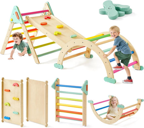 Tiny Land Pikler Triangle Set,7-in-1 Foldable Montessori Climbing Toys | Indoor Wooden Playground Jungle Gym for Kids, Climber Gift for Boys & Girls Toddler Climbing Toys (Rainbow)