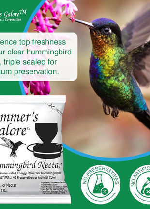 Hummer's Galore Made in USA Hummingbird Food - Ready-to-Mix Hummingbird Nectar, All-Natural Nectar Collector Formula, No Preservatives or Dyes, Makes 64 Ounces (4 Packets Included)
