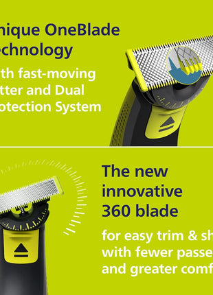 Philips Norelco OneBlade 360 Hybrid Face Trimmer and Shaver, 5 Length Comb | 360 Blade Technology, 5-length Comb, 100% Showerproof, Stainless Steel Blade Lasts up to 4 months, 45-Min Runtime, QP2724/90