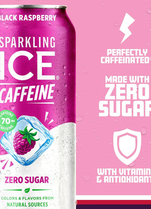 Sparkling Ice Caffeine Black Raspberry Sparkling Water with Caffeine, Zero Sugar, with Antioxidants and Vitamins,16 fl oz Cans (Pack Of 12)