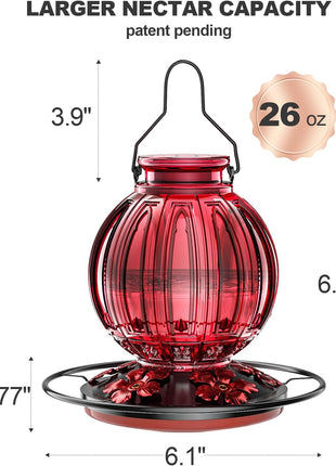 Glass Hummingbird Feeder for Outdoors Hanging, 26Oz Bird Nectar Feeder with Perch & 5 Flower Feeding Ports, Leak Proof for Outside Garden Decor Backyard, Gifts for Women Mom, Red