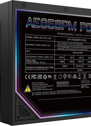 GIGABYTE GP-AE850PM PG5 - PCIe5.1 Ready - ATX3.1-850W 80 Plus Platinum Certified - Fully Modular Power Supply