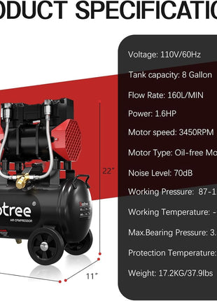 10Gal Ultra Quiet Oil-Free Air Compressor Portable, Max 115PSI 2HP 8.76CFM 70dB Low Noise Air Compressor for Auto Repair, Bike Tires, Garage Spray Painting 110V/60Hz