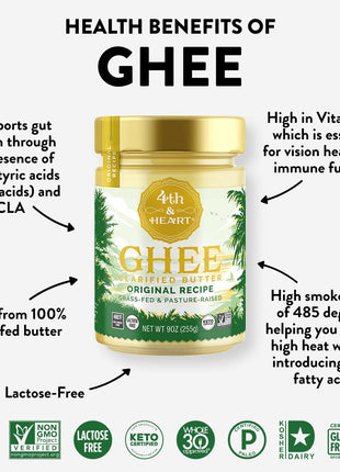 4th & Heart Himalayan Pink Salt Grass-Fed Ghee, Clarified Butter, 1:1 Butter Substitute, Pasture-Raised, Lactose & Casein Free, 9 oz