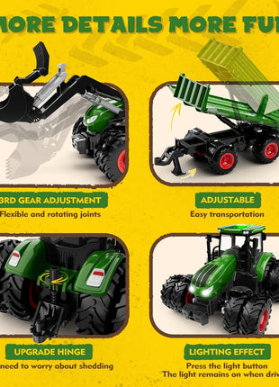 Uarzt Remote Control Tractor Toy with Trailer | Metal Front & Front Loader Farm Vehicle Set with Lights & 8-Wheel Design, RC Tractor Truck for Boys Ages 3-9, Fun Farm Toy Gift for Kids