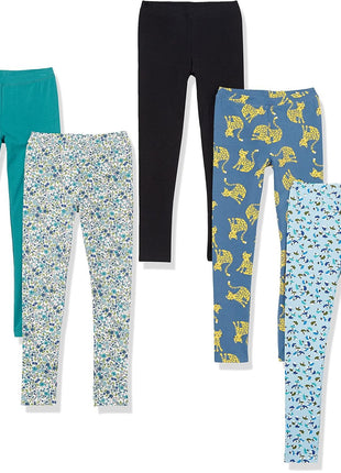 Amazon Essentials Girls' Leggings, Pack of 5, Aqua Green/Black Stars/Navy/Pink/Stripe, Medium