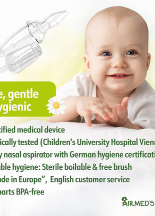 Airmed's Vac Nasal Aspirator Baby. CLINICALLY Tested, Safe and Gentle. Baby Nose Sucker with 2 Suction Heads and Cleaning Brush. Safe and Gentle Baby Nasal Aspirator with Strength of a Vacuum Cleaner