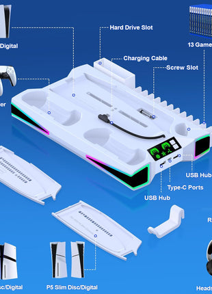 LIFUFUTEE PS5 Stand, PS5/Slim/Pro Cooling Station with 2.36in Cooling Fan, Controller Charger Station for PS5 Accessories, RGB Light, Headset Holder, 3 Charger Ports for PlayStation 5 Slim/Pro Console