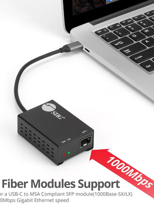 SIIG USB-C to SFP Fiber Gigabit Ethernet Adapter, 1 Gbps, Power Saving Mode IEEE 802.3az, Secure Network Connectivity, Heat Dissipation, Windows and Mac - TAA Compliant (JU-NE0D11-S1)