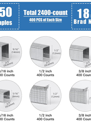 Heavy Duty T50 Staples & 18GA Brad Nails Galvanized 2400 Pcs 6 Sizes | 400 per Size: 5/16", 3/8", 1/2", 9/16" T50 Staples and 3/8", 1/2" Brad Nails Assorted Size Project Pack fit T50 Staplers