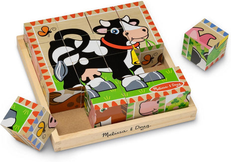 Melissa & Doug Farm Wooden Cube Puzzle with Storage Tray – 6-in-1 Animal Puzzle for Toddlers and Preschoolers – 16 Wooden Cubes – Farm Toy for Kids Ages 3+ - FSC Certified