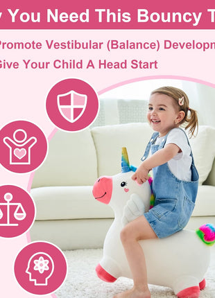 Bouncy Pals Toddler Unicorn Hopper Toy Girl Gift, Outdoor Ride Animal Horse | Kids Inflatable Bouncing Hopping Toy, Baby Plush Bouncer, Birthday Gift for 18 Month 2 3 4 Year Old Child Indoor Yard Outside