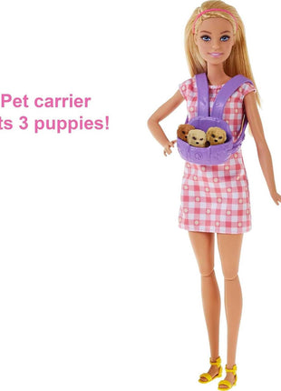 Barbie Doll & Pets Set, Blonde with Mommy Dog, 3 Newborn Puppies with Color-Change Feature & Pet Accessories