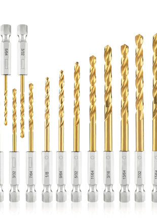 amoolo Hex Shank Drill Bit Set (13Pcs Set Pcs Free), Premium 4341 HSS Titanium Impact Hex Drill Bits for Wood, Steel, Metal, Plastic, Quick Change Design (1/16 -1/4 )