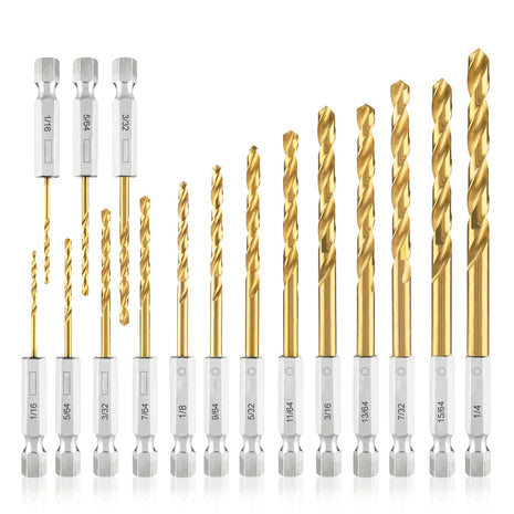 amoolo Hex Shank Drill Bit Set (13Pcs Set Pcs Free), Premium 4341 HSS Titanium Impact Hex Drill Bits for Wood, Steel, Metal, Plastic, Quick Change Design (1/16 -1/4 )