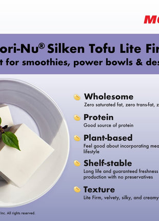 Mori-Nu Silken Tofu Lite Firm | Velvety Smooth and Creamy | Low Fat, Gluten-Free, Dairy-Free, Vegan, Made with Non-GMO soybeans, KSA Kosher Parve | Shelf-Stable | Provides protein | 12.3 oz x 12 Packs