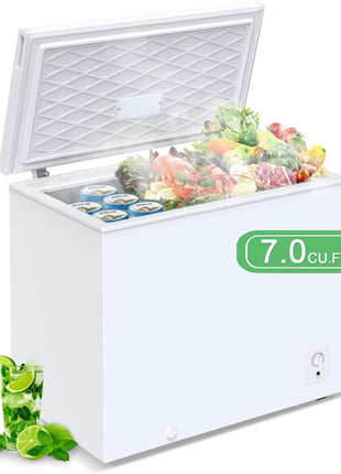 Compact Chest Freezer, 5.0 Cu Ft Deep Freezer with Removable Storage Basket, Mini Freezer with 7 Temperature Levels Thermostat, Black Top Open Door Freezer Ideal for Home, Kitchen & Office