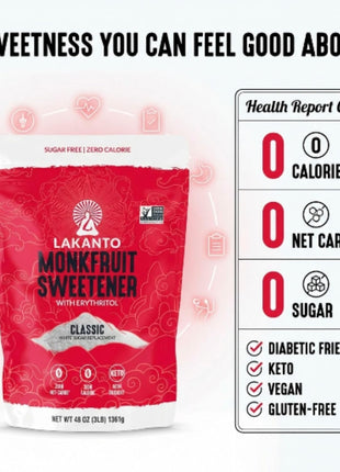 Lakanto Monk Fruit Sweetener with Erythritol, White Sugar Substitute From Monk Fruit Extract, Classic White Sugar Replacement for Baking, Coffee & Tea, Gluten Free, Low Carb, Non GMO, Keto (3 lb)
