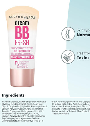 Maybelline Dream Fresh Skin Hydrating BB cream, 8-in-1 Skin Perfecting Beauty Balm with Broad Spectrum SPF 30, Sheer Tint Coverage, Oil-Free, Light/Medium, 1 Fl Oz