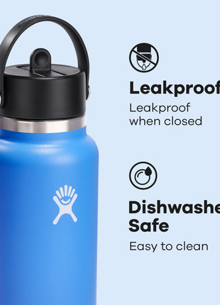 Hydro Flask Water Bottle   Insulated Stainless Steel   Wide Straw Lid, Non Spill, Leakproof in 32 Oz Cascade Blue