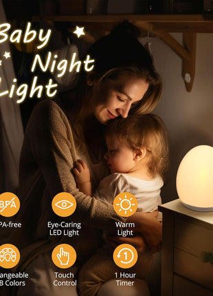 Night Light for Kids, Baby Night Light with 7 Colors Changing Mode & Stepless Dimming, Nursery Night Light BPA Free,Rechargeable Egg Night Light for Breastfeeding 1h Timer & Touch Control
