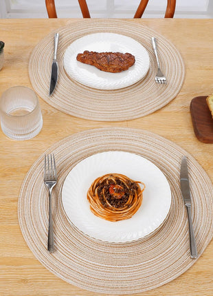 SHACOS 15 inch Round Braided Placemats Set of 6 Non Slip Heat Resistant Cotton Polyester Table Mats Washable Place Mats for Kitchen Dining Party Table Decor (Beige, 6)