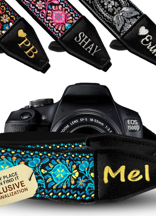 Camera Strap - Shoulder, Crossbody & Neck Camera Strap for Photographers, Fits All Cameras, Canon Nikon Sony Fujifilm, Padded Strap W/ Quick Release, Embroidered Cotton & Leather Ends, Blue