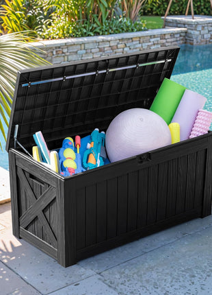 Flamaker Resin Deck Box 120 Gallon Waterproof Large Outdoor Indoor Storage Box Imitation Wood Resin for Patio Furniture Garden Tools and Pool (Black)