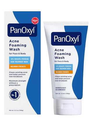 PanOxyl 10% Benzoyl Peroxide Acne Foaming Wash, Maximum Strength, Daily Acne-Fighting Face and Body Cleanser, Face Wash to Clear, Treat and Prevent Acne Pimples and Stubborn Breakouts, 5.5 Oz Tube