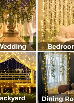 200 LED Curtain Lights Fairy Lights with Remote Bedroom 6.5x6.5ft | Warm White,USB Powered , IP44 Waterproof Indoor Outdoor Decor for Christmas Wedding Backdrop