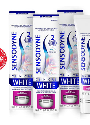 Sensodyne Clinical White Toothpaste Clinically Proven Whitening for Sensitive Teeth, Stain Protector, 3.4 oz x 3