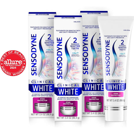 Sensodyne Clinical White Toothpaste Clinically Proven Whitening for Sensitive Teeth, Stain Protector, 3.4 oz x 3