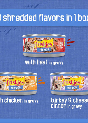 Purina Friskies Gravy Wet Cat Food Variety Pack, Shreds With Beef, With Chicken, and Turkey and Cheese Dinner - (Pack of 24) 5.5 oz. Cans