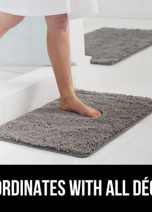 GORILLA GRIP Bath Rug Mat, Thick Soft Absorbent Chenille, Quick Dry Microfiber Mats, Rubber Backing Washable Shower Floor Rugs, Bathmat Runner, US Designed Bathroom Home Decor Accessories 24x17, Grey