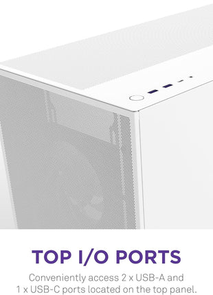 NZXT H7 Flow - Mid-Tower ATX Airflow PC Case - White | Airflow-first ATX mid-tower. Bottom-mount fans for direct GPU cooling, 420mm front radiator support, clean cable routing.