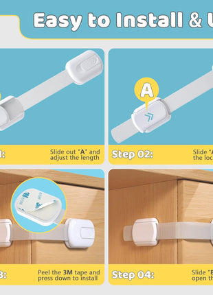 4our Kiddies 14 Pack Baby Proof Cabinet Latches, Childproof Drawer Latches with 12 Extra 3M Adhesives, Adjustable No Drilling Child Safety Cabinet Locks Straps Baby Drawer Locks for Kids Baby Safety