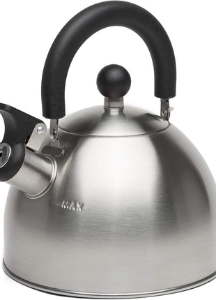 Primula Stewart Whistling Tea Kettle for Stovetop, Stainless Steel Stove Top Kettle with Fast Boil Whistling Spout and Cool Touch Folding Handle, 1.5-Quart, Brushed Silver with Black Handle