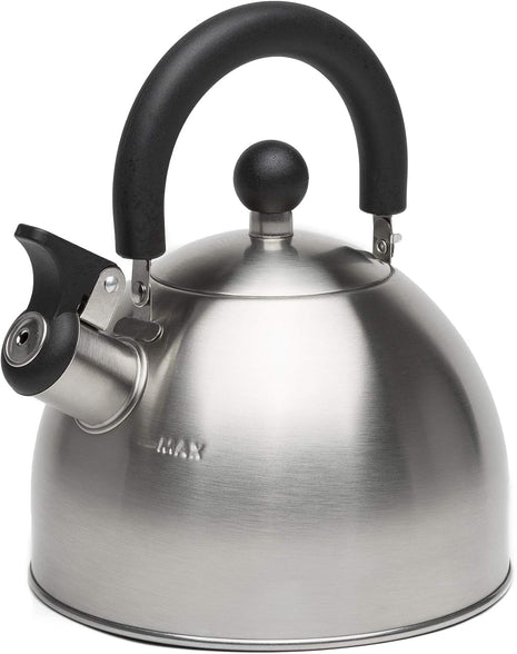 Primula Stewart Whistling Tea Kettle for Stovetop, Stainless Steel Stove Top Kettle with Fast Boil Whistling Spout and Cool Touch Folding Handle, 1.5-Quart, Brushed Silver with Black Handle