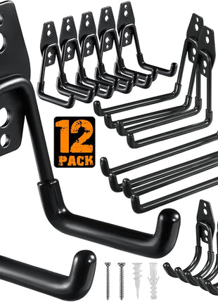 12 Pack Garage Hooks Heavy Duty Utility Steel with Anti-Slip Coating Wall Mount Storage Organizer for Hanging Power and Garden Tools, Ladders, Hose, Bikes, Ropes, Bulk Items, and More