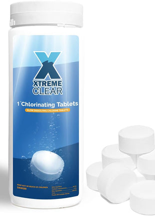 XtremeClear 1 inch Chlorine Tabs Swimming Pool Hot Tub & Spa Eliminate Bacteria & Algae Sanitizer Makes Water Clean & Crystal Clear Slow Dissolving 1.5lbs