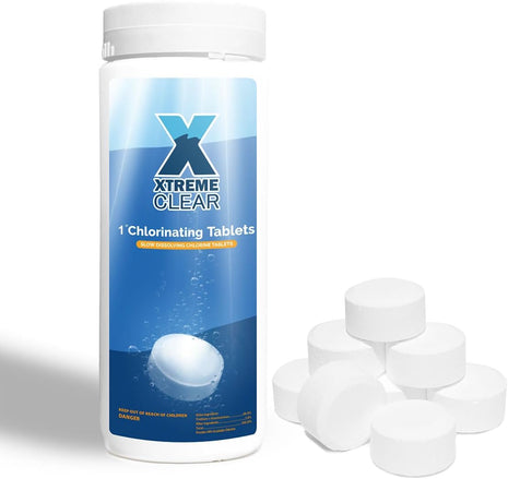 XtremeClear 1 inch Chlorine Tabs Swimming Pool Hot Tub & Spa Eliminate Bacteria & Algae Sanitizer Makes Water Clean & Crystal Clear Slow Dissolving 1.5lbs