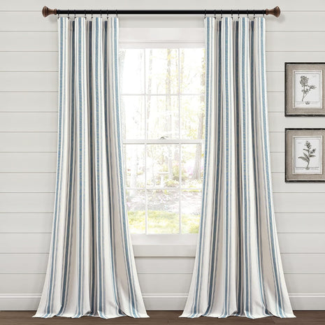 Lush Decor Farmhouse Stripe Yarn Dyed Eco-Friendly Recycled Cotton Window Curtain Panel Pair, 42 inch W x 95 inch L, Blue - Classic Modern Rustic Charm - Eco Friendly Cotton Fabric