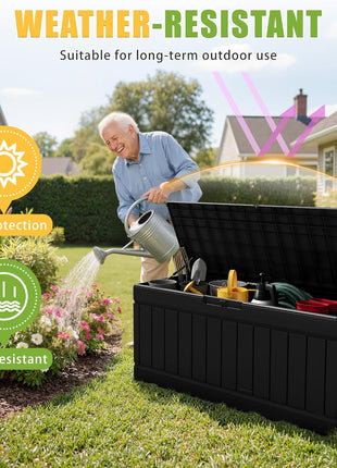 Greesum Outdoor Storage Box 82 Gallon Storage Bin with Lid for Patio Furniture, Garden Tools, Pool Supplies, Waterproof and UV Resistant, Lockable, Black