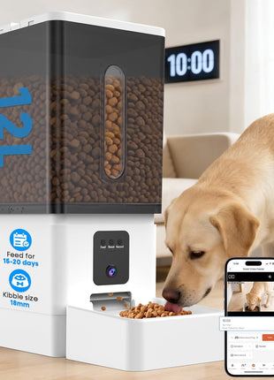 12L Large Dog Automatic Feeder with HD Camera: 50 Cups/20-Day Food Capacity | Easy Setup Timed Dog Feeder for Travel & Business Trips, Anti-Clog for 2-18mm Large Kibble