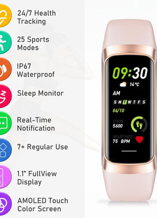 Fitness Tracker with 24/7Heart Rate, Blood Pressure, Sleep Tracking, Calorie, Activity Tracker with 1.1inch AMOLED Color Screen, Waterproof Step Tracker for Android iPhones Women Men