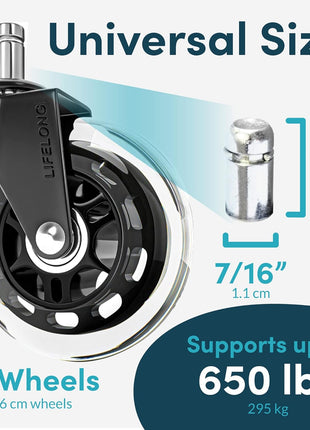 Lifelong Office Chair Wheels Replacement, Heavy Duty, 5-Pack Universal Fit | Original Rubber Caster, Desk Wheels, Smooth & Quiet, Safe for Hardwood Floors & Carpet, Replace Office Chair Mats