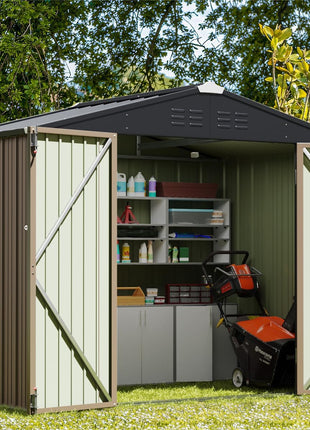 Greesum Outdoor Storage Shed 6 x 8 ft. Utility Tool Shed Metal Storage Garden Shed with Door & Lock for Patio Storage, Brown